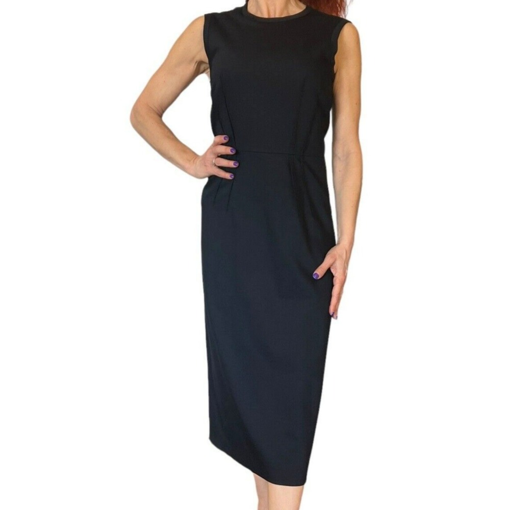 JIL SANDER NAVY BLUE ITALY PENCIL SHEATH SLEEVELESS WOOL SUITING MIDI DRESS 36 4 - Picture 2 of 16